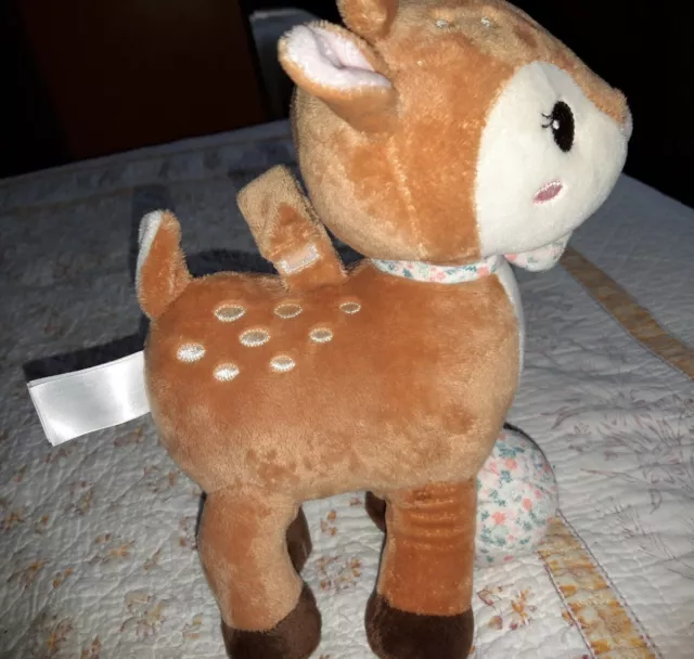 DOUDOU PELUCHE MUSICAL BICHE FAON MARRON BLANC NOEUD FLEUR VERT ROSE TEX Baby