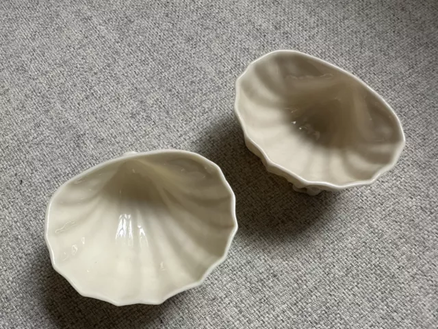 Pair Belleek Ireland Brown Mark Shell Form Cream Porcelain Cups Dishes Nautical 2