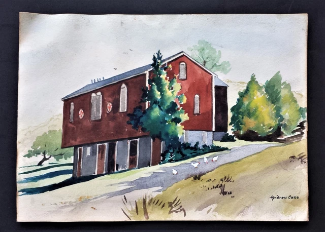original WATERCOLOR lancaster pa AMISH BARN Hex Sign ooak art signed Andrew Case