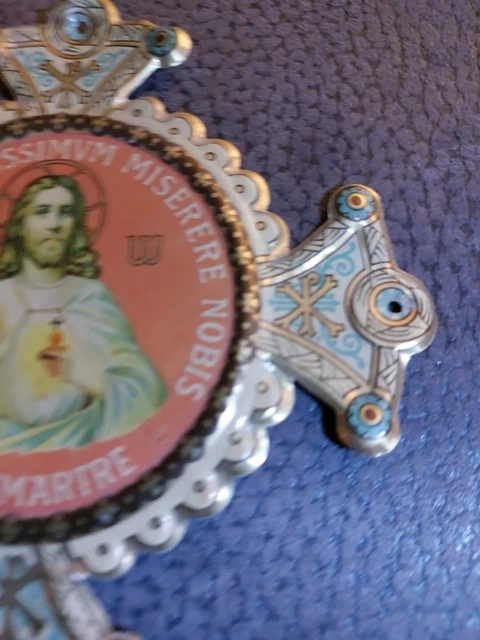 Miniature Jésus Sacré-Cœur Sur épinglette – Soie Tissée Ancienne, Rare, Occasion