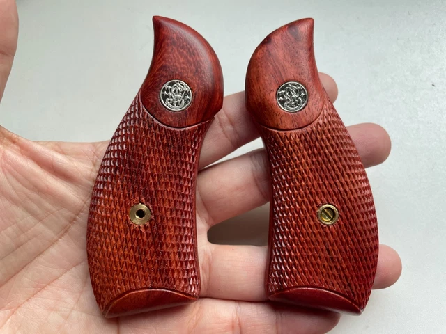 Wood Checkered Grips For S&W Revolvers – Fits K, L Frame, Round Butt Models 686, 64, 65, 66, Handmade Thai Artisan