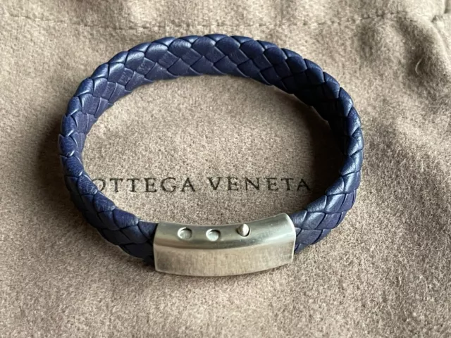 BOTTEGA VENETA Royale Blue leather OXIDIZED SILVER BRACELET Size:Uni NEW