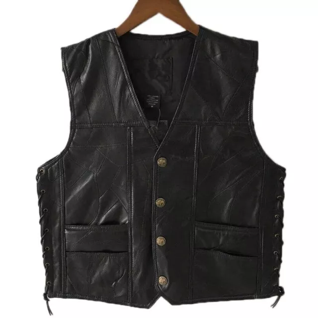 New Men's Side Lace Adjustable Black Pu Motorcycle Vest Hot
