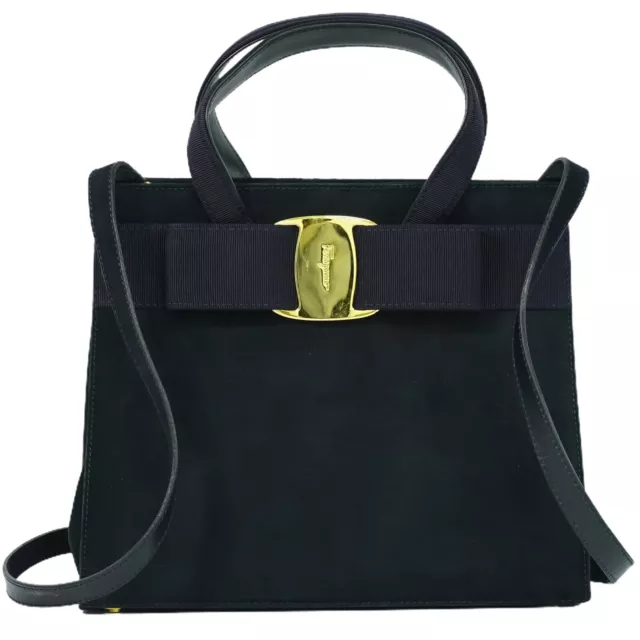 Salvatore Ferragamo Vara Bow Leather 2way Shoulder Handbag Navy Gold