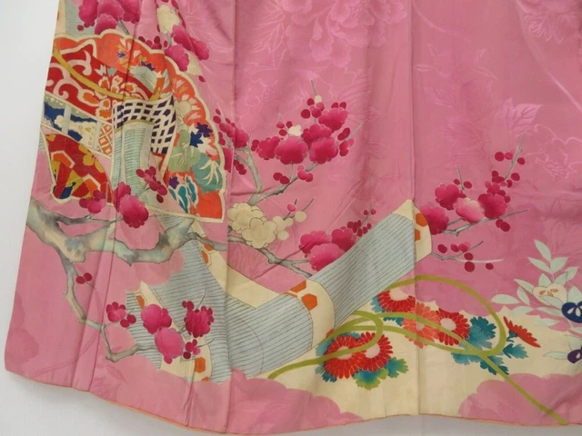 2211T05z690 Antique Japanese Kimono Silk CHU-FURISODE Plum blossom Dull pink 5