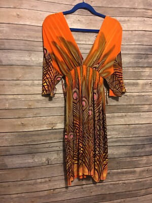 Urban Mango Womens Size Medium Tunic Dress Multicolor Orange Rhinestones Peacock