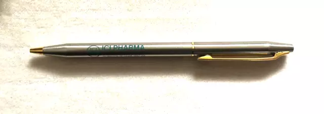 Vintage Chromatic USA Skinny Ballpoint Pen ICI Pharma Advertise Silver Gold