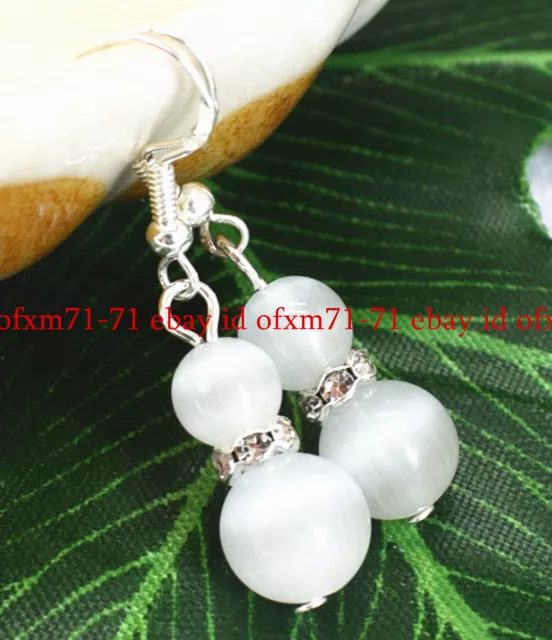 Fashion 8-10mm White Opal Cat's Eye Round Gemstone Silver Hook Dangle Earrings