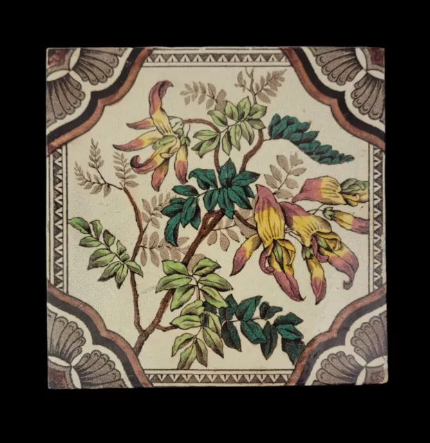 Antique 1880s English Colorful Transferware Floral Tile