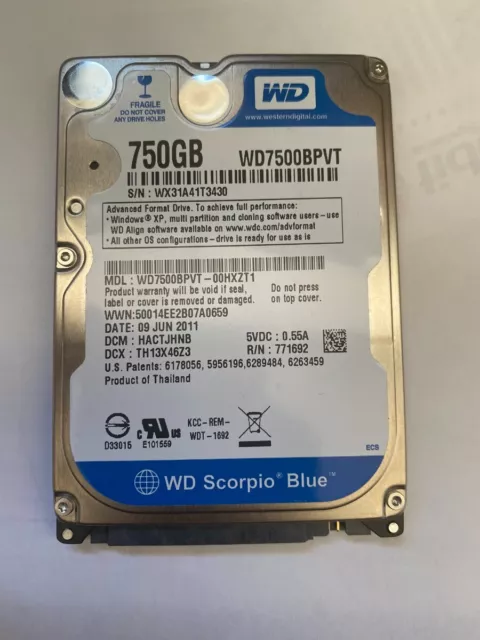 WD 750GB Scorpio Blue WD7500BPVT-00HXZT1 SATA 2.5" Hard Drive 5.4K RPM