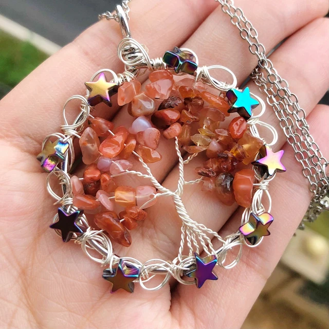 Red Agate Gem Stone Tree Of Life Water-Drop Necklace Chakra Reiki Healing Amulet