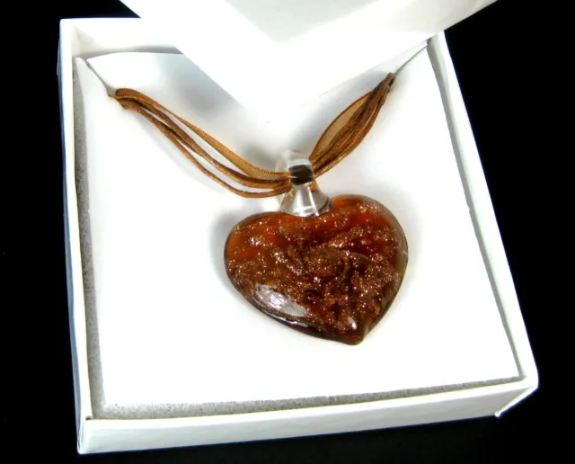 hand blown glass pendant necklace heart gold Murano style boxed art 1.4x1.2"  