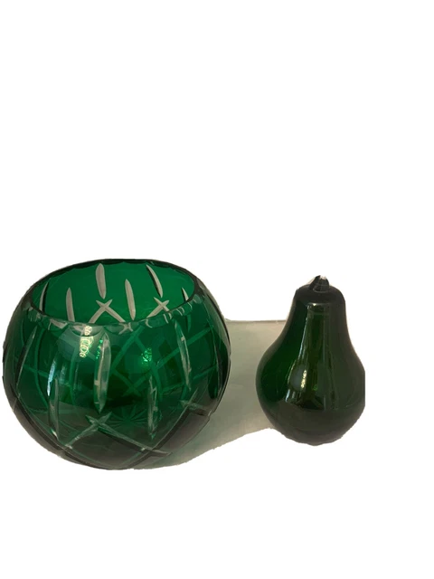 Bohemian Green Cut To Clear Crystal  Bowl With Glass Pear
