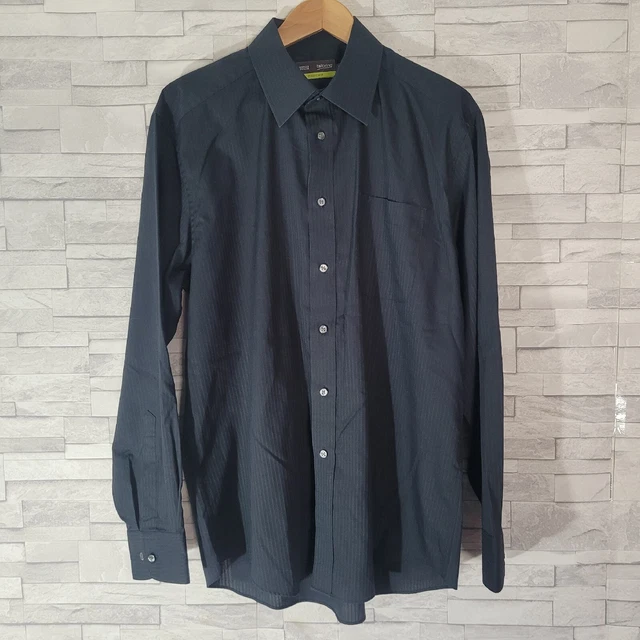 Camicia abito da uomo M&S nero a righe formale facile da curare collo 16 maniche lunghe