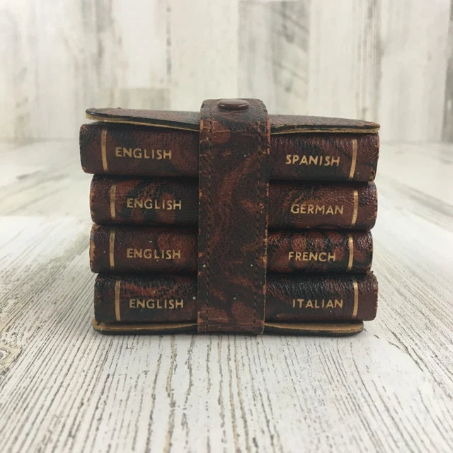Vtg Leather Midget Dictionaries Set English German Italian Spanish French