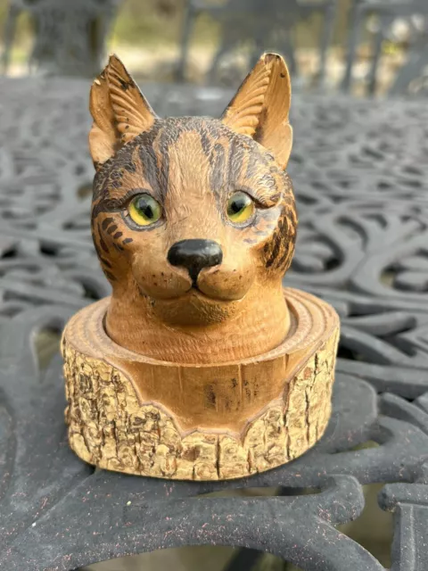 Antique Carved Wood Cat Head Inkwell Glass Eyes Painted German? Animal Figural