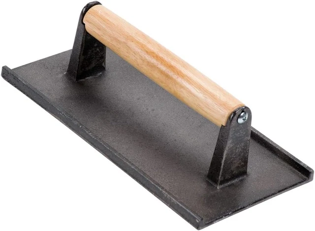 9 X 5-Inch Cast Iron Steak Weight/Bacon Press with Wooden Handle, Heavy-Weight