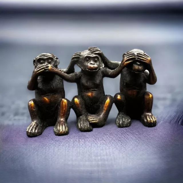 MONKEY Three wise monkeys Bronze Statue 5.5 Japan Antique Old Metal Figurine