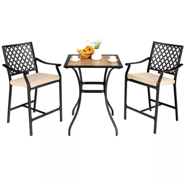 3 Pieces Patio Bar Set Bar Height Outdoor Bistro Set W/ 2 Upholstered Bar Stools