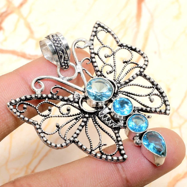 Swiss Blue Topaz Gemstone Handmade Gift Jewelry Pendant 2.16" W627