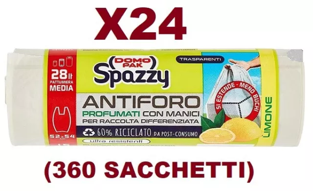 360 SACCHI SPAZZATURA TRASPARENTI DOMOPAK SPAZZY ANTIFORO 52x54CM LIMONE 28L