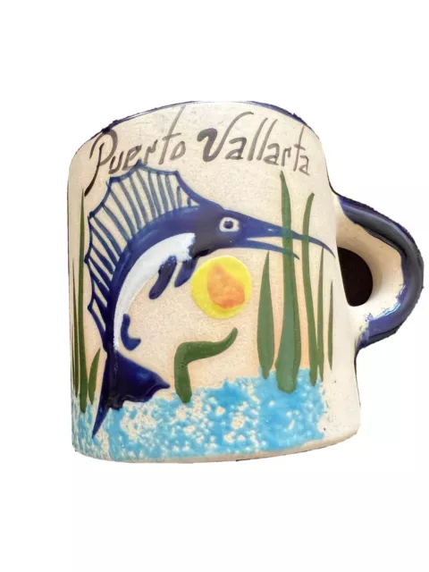 Puerto Vallarta Hand Painted Souvenir Stoneware Half Mug Coffee Mexican Pottery