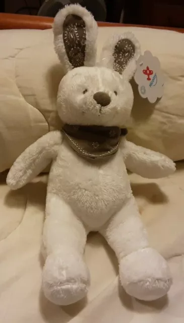 Doudou Peluche Lapin Blanc Bandana Gris Nicotoy 36cm