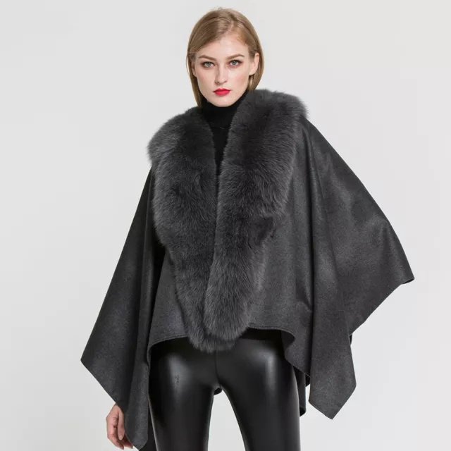 Elegante Frauen Echte Woolen Cape Mode Echt Silberfuchs Pelzkragen Neue Schal 2