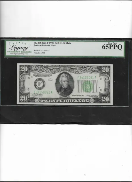 Federal Reserve Note FR.2054am-F  1934  $20 DGS Mule Gem New 65PPQ