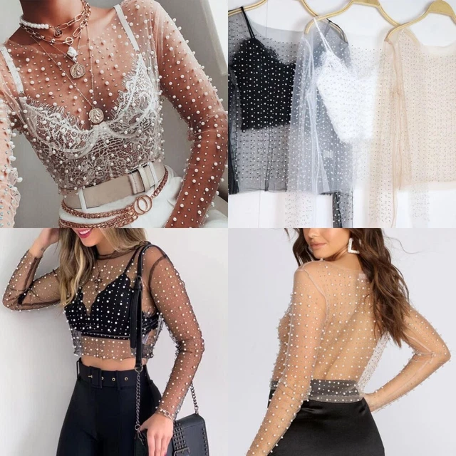 T-Shirt Da Donna Con Perline A Tunica In Maglione Corto Con Strass In Rete ☆