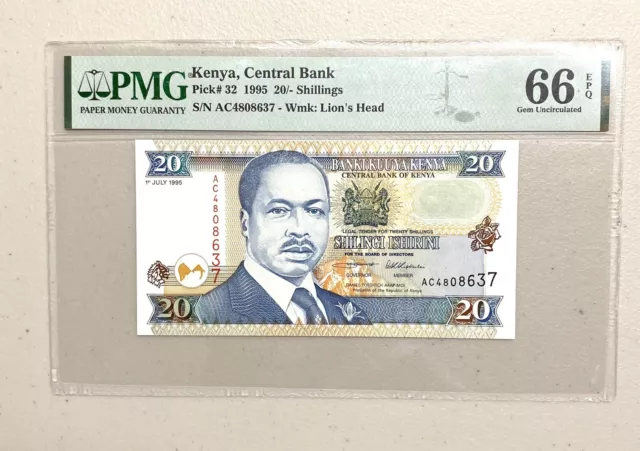 Kenya 20/- Shillings Pick#32 1995 PMG 66 EPQ Gem Unc Banknote Top Pop