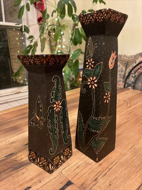 Lovely Black Hand Painted Tall Candle Holders Pillar Pedestal Floral Butterflies