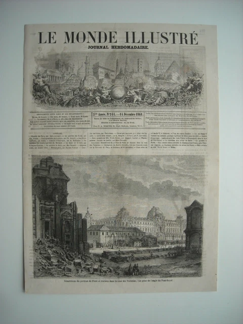 Gravure 1861. Paris. Demolition Pavillon De Flore Et Travaux Cour Des Tuileries.