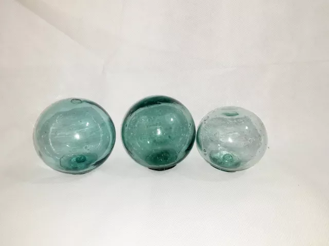 Lot of 3 Antique Hand Blown Teal Glass Fishing Float Buoy- 1 x 3.1" & 2 x 3.5" D