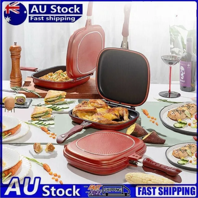 32cm  Double Sided Frying Pan Non Stick Griddle Pressure Smoke Grill Baking AU