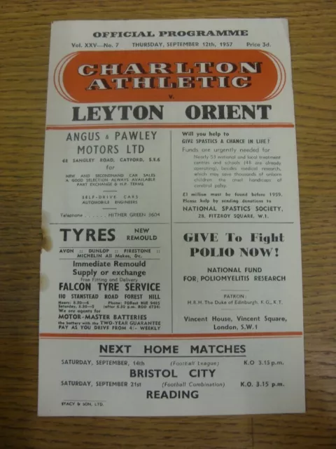 12/09/1957 Charlton Athletic v Leyton Orient  (folded, rusty staple removed). Fo