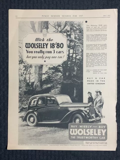 1937 WOLSELEY MOTOR CAR CO. 9x11.5" Automotive Print Ad VG 4.0 Trustworthy