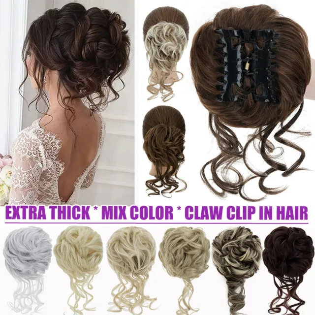 Messy Bun Hair Piece Wedding Updo Curly Chignon Claw Clip in Extensions Natural
