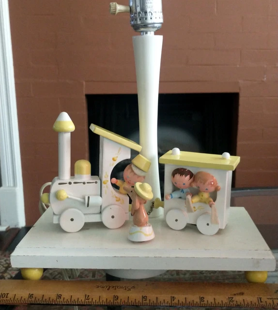 Vtg 60s Music Box Wood Train Carnival Lamp Night Light Train Animal Kids Room Ar