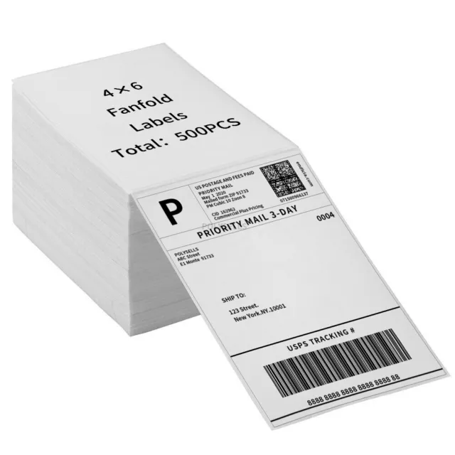 500 4"x6" Fanfold Direct Thermal Shipping Labels for Zebra and Rollo Printers