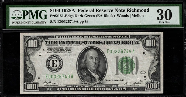 1928A $100 Federal Reserve Note - Richmond FR. 2151-E - Graded PMG 30