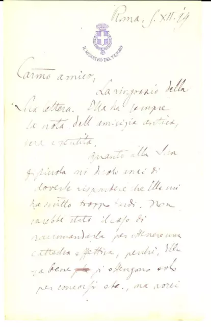 1899 ROMA Ministro del Tesoro Paolo BOSELLI rifiuta raccomandazione *AUTOGRAFO