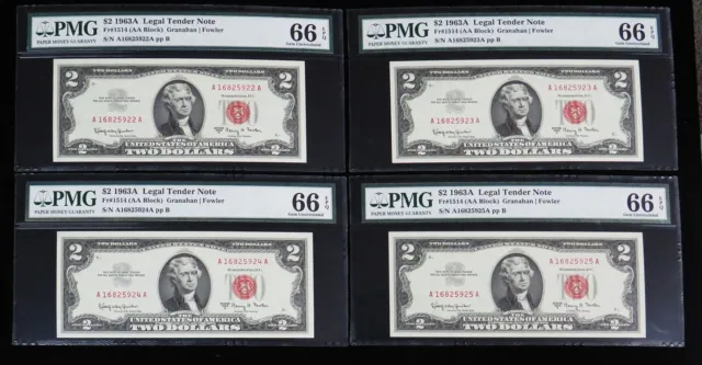 (4) 1963A $2 Red Seal Legal Tender Aa Block Consecutive Notes Pmg Gem Unc 66 Epq