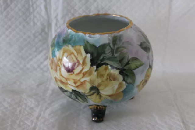 Signed Limoges Tri Foot Hand Painted 15cm Rose Bowl - VGC
