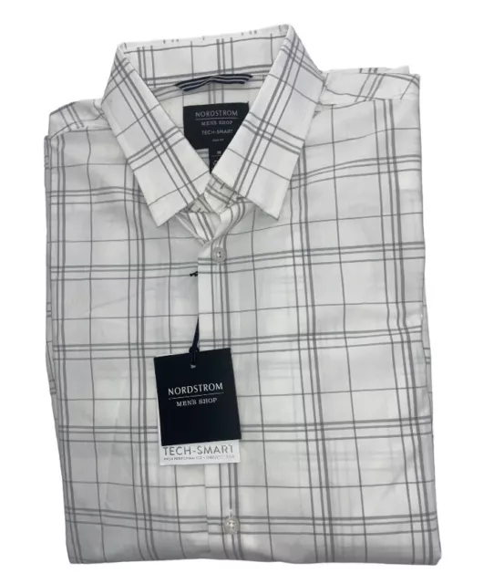 Nordstrom Men's Shop Tech-Smart Trim Fit Plaid Dress Shirt Medium White Gray NWT