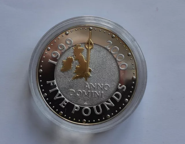 1999 2000 Millennium £5 Five Pounds Silver Proof Gold Relief Coin