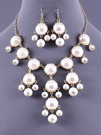 CHUNKY PEARL BUBBLE BAUBLE BEAD Gold BIB STATEMENT CREW STYLE NECKLACE SET