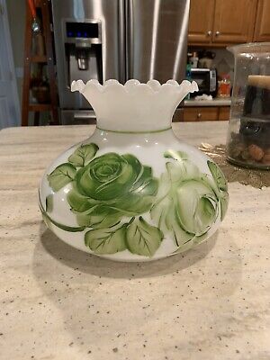 Vintage Hand Painted Green Flowers on Milk Glass Shade / Globe