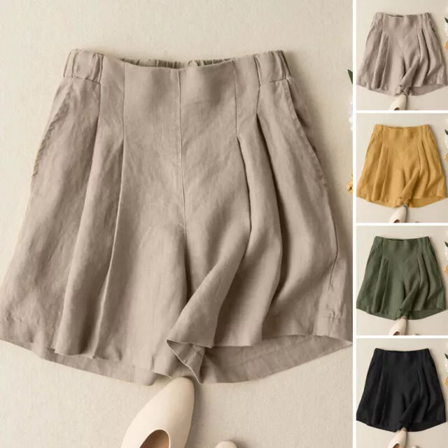 100%Cotton Womens Casual Wide Leg Shorts Pants Plain Summer Beach Short Trousers