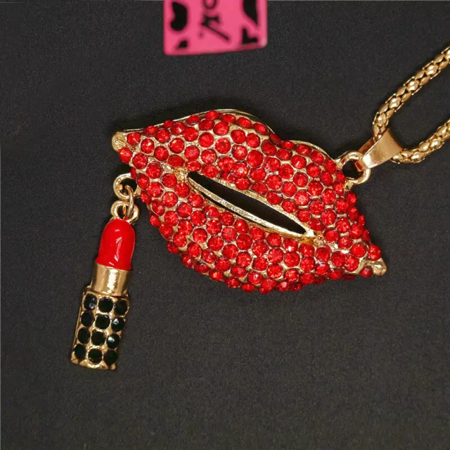 New Fashion Charm Sexy Red Rhinestone Lipstick Crystal Pendant Women Necklace